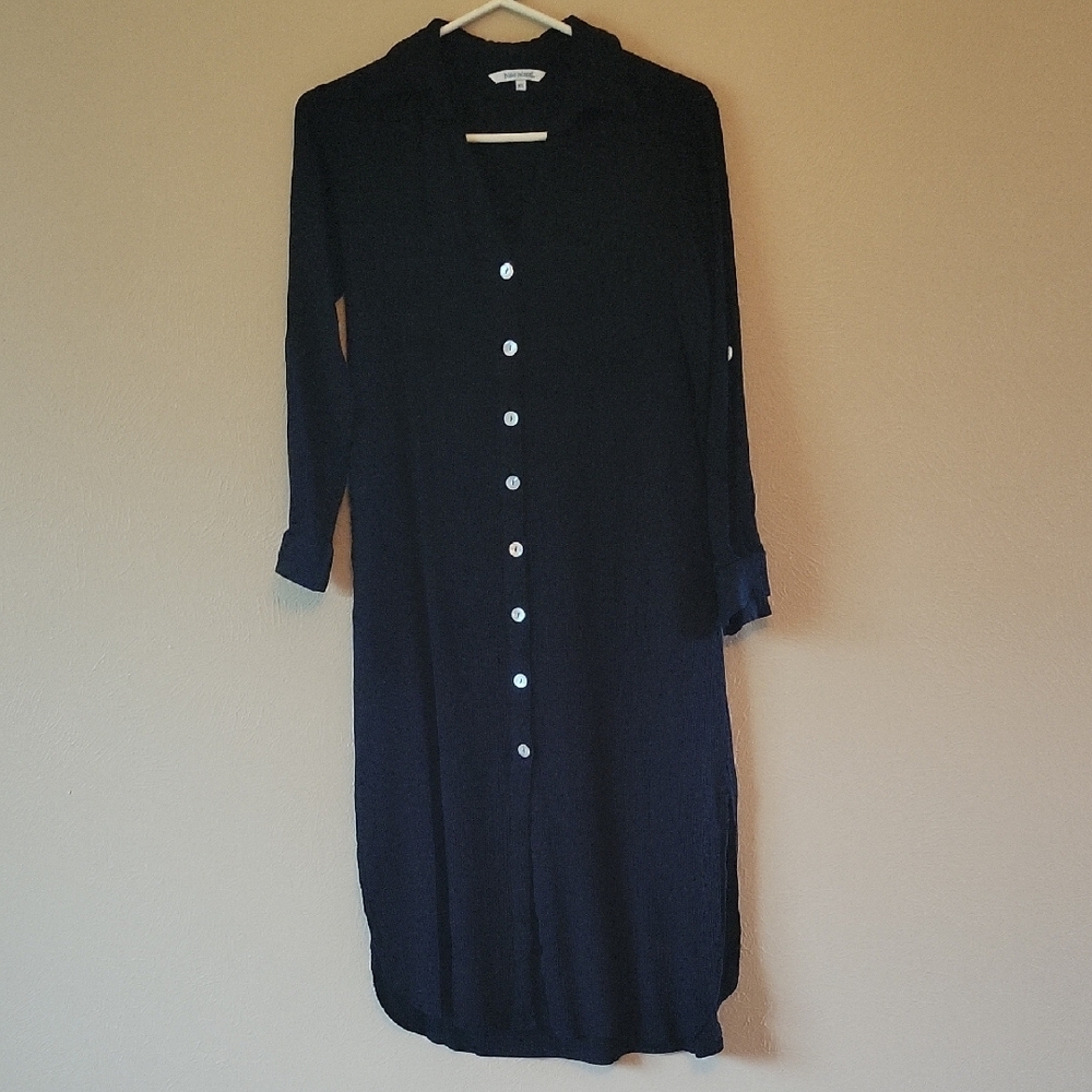 Blue Island Black With White Buttoned Shirt Dress Cover Up Gauzy Fabric Summer